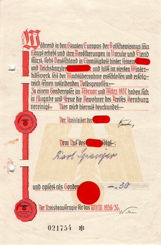 Winterhilfswerk Kreis Bernburg, Spendenurkunde  als Sondergabe zum WHW 1936/37, DIN A5