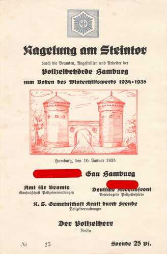 Winterhilfswerk Gau Hamburg, Spendenurkunde über 25 Pf. anlässlich der " Nagelung am Steintor" durch die Polizeibehörde Hamburg 1935