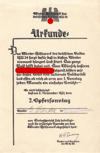 Winterhilfswerk 1933/34, Urkunde "wird bescheinigt am Eintopfgericht sich beteiligt zu haben" Witzenhausen 1933