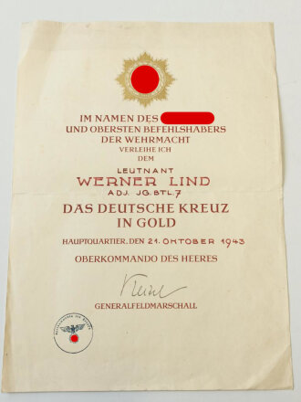 Deutsches Kreuz in gold, Nachlass des Leutnant Lind, Adj. Jg. Btl.7.. Das DK von Zimmermann, getragen, die Emaille unbeschädigt