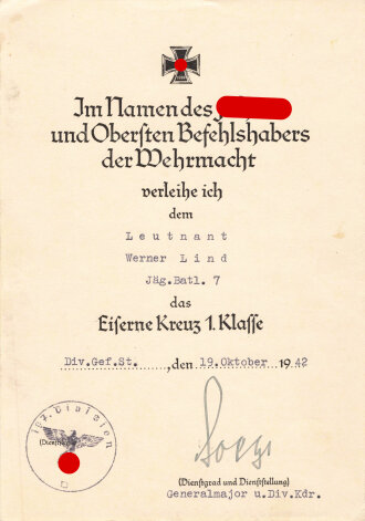 Deutsches Kreuz in gold, Nachlass des Leutnant Lind, Adj. Jg. Btl.7.. Das DK von Zimmermann, getragen, die Emaille unbeschädigt