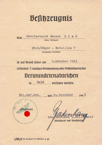 Deutsches Kreuz in gold, Nachlass des Leutnant Lind, Adj. Jg. Btl.7.. Das DK von Zimmermann, getragen, die Emaille unbeschädigt