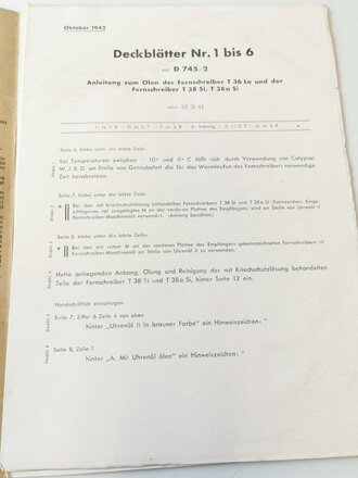 "Anleitung zum Ölen der Fernschreiber T 36 Lo und der Fernshcreiber T 38 Si, T 38a Si von 1942, 12 Seiten, DIN A4