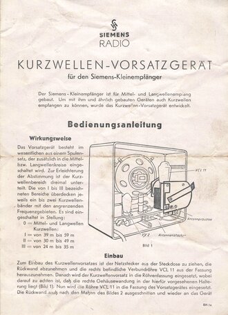 "Kurzwellen-Vorsatzgerät" für den Siemens-Kleinempfänger, DIN A5