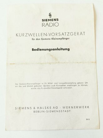 Bedienungsanleitung "Kurzwellen-Vorsatzgerät" für den Siemens-Kleinempfänger, 4 Seitig DIN A5