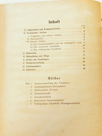 D 1056/1 " Gerätbeschreibung Funk Horch Empfänger u" vom 15.11.43 mit 32 Seiten plus Anlagen. Komplett aber defekt