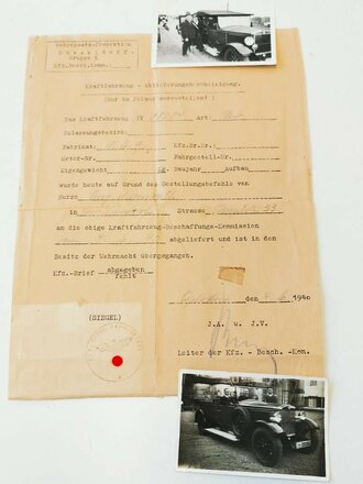 Kraftfahrzeug Ablieferungsbescheinigung " ist in den Besitz der Wehrmacht übergegangen" dazu zwei Fotos des Fahrzeuges100