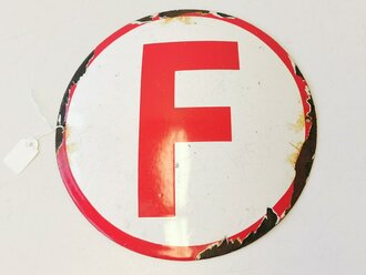 Emailleschild "F" wohl für Feuerlöscher ?, Durchmesser 20cm