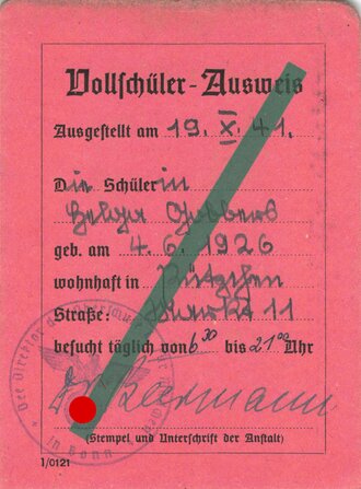 "Vollschüler Ausweis" Bonn  datiert 1941