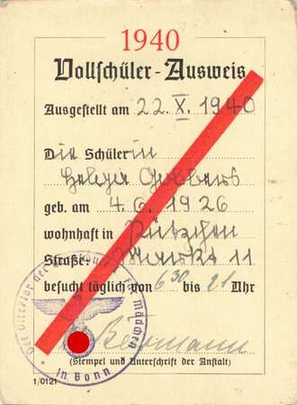"Vollschüler Ausweis" Bonn, datiert 1940