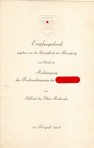 Begleitkarte anläßlich der "Reichstagung des Reichsrechtsamtes der NSDAP" am 19. August 1938 in der Hauptstadt der Bewegung München
