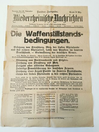 10.November 1918, Sonder Ausgabe" Niederrheinische Nachrichten" " Die Waffenstillstands bedingungen"