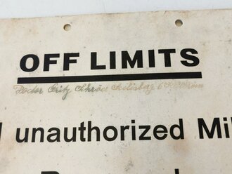 U.S. 1945 dated cardboard sign "Off limits" Size 20 x 29cm