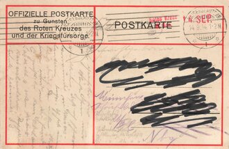 Offizielle Postkarte zu Gunsten des Roten Kreuzes und der Kriegsfürsorge, gelaufen 1914