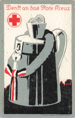 "Denkt an das Rote Kreuz" Künstler Postkarte herausgegeben vom Central Comitee der Deutschen Vereine vom Roten Kreuz"