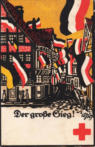 "Der große Sieg" Künstler Postkarte herausgegeben vom Central Comitee der Deutschen Vereine vom Roten Kreuz, RS Klebereste