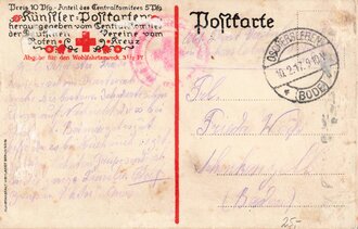 "Der große Sieg" Künstler Postkarte herausgegeben vom Central Comitee der Deutschen Vereine vom Roten Kreuz, RS Klebereste