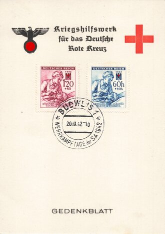 Rotes Kreuz III.Reich, Gedenkblatt "Kriegshilfswerk für das Deutsche Rote Kreuz Budweis1942"