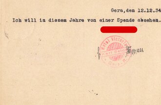 Postkarte an Deutsches Rotes Kreuz Sanitätskolonne für die Stadt Gera 1934