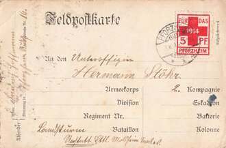 Feldpostkarte mit Marke " Für das Rote Kreuz Pforzheim 1914"
