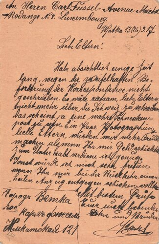 Kriegsgefangenenkarte eines Luxemburgers datiert 1917