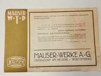 "Mauser Westen Taschen Pistole Cal. 6,35" 4 seitiger Prospekt mit Druckvermerk von 1930