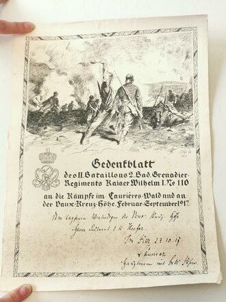 1.Weltkrieg, Gedenkblatt an die Kämpfe im Caurieres Wald und an der Vause Kreuz Höhe 1917, ausgestellt an einen Leutnant Hoefer vom 2. Bad. Grenadier Rgt. No. 110