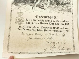 1.Weltkrieg, Gedenkblatt an die Kämpfe im Caurieres Wald und an der Vause Kreuz Höhe 1917, ausgestellt an einen Leutnant Hoefer vom 2. Bad. Grenadier Rgt. No. 110