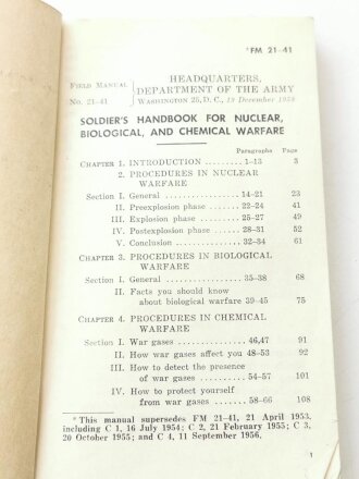 U.S. 1958 dated FM 21-41, soldiers handbook for nuclear, biological and chemical warfare, 187 pages