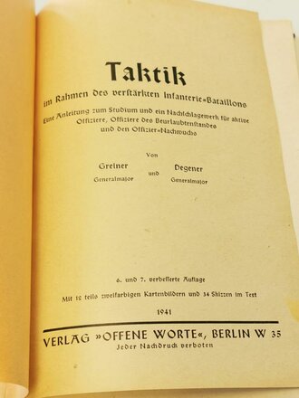 Taktik - im Rahmen des verstärkten Infanterie Bataillons, datiert 1941, 224 Seiten, A5