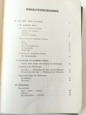 Amtliches Unterrichtsbuch über Erste Hilfe, datiert 1938, 263 Seiten, A5, Rücken lose