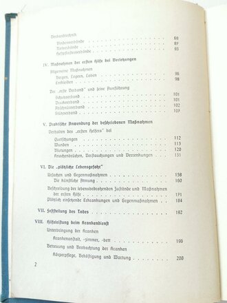 Amtliches Unterrichtsbuch über Erste Hilfe, datiert 1938, 263 Seiten, A5, Rücken lose