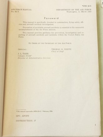 U.S. 1960 dated AFM 62-5, Air Force Manual - Aircarft Accident prevention, Investigation, Reporting, 185 pages, in a folder