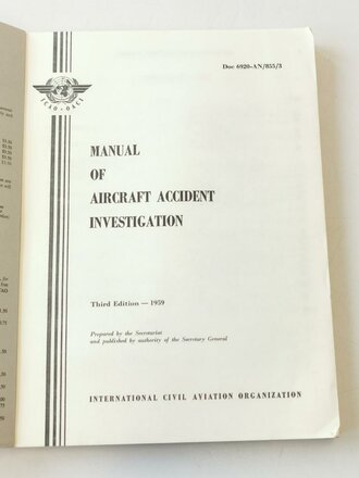 U.S. 1959 dated Doc 6920-AN/855/3 Manual of Aircraft Accident Investigation, Third Edition, 256 pages