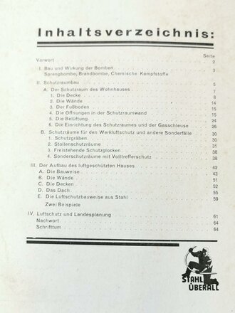 "Luftschutz durch Stahl", datiert 1939, 64 Seiten, A5