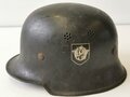 Feuerwehr III.Reich, Stahlhelm mit französischem Innenfutter aus Beutehelm, Originallack, die Abzeichen abgekratzt