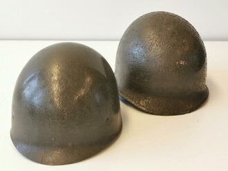 U.S. M1 steel helmet. Front seam WWII shell with later liner, uncleaned set