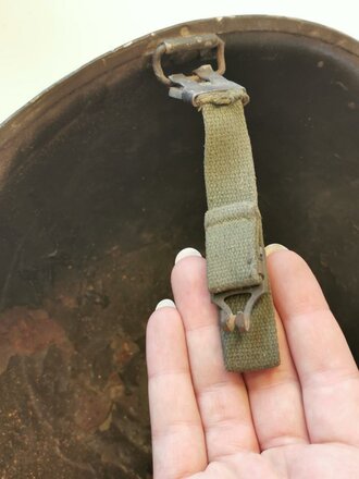 U.S. M1 steel helmet. Front seam WWII shell with later liner, uncleaned set