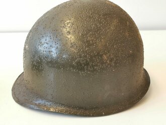 U.S. M1 steel helmet. Front seam WWII shell with later liner, uncleaned set