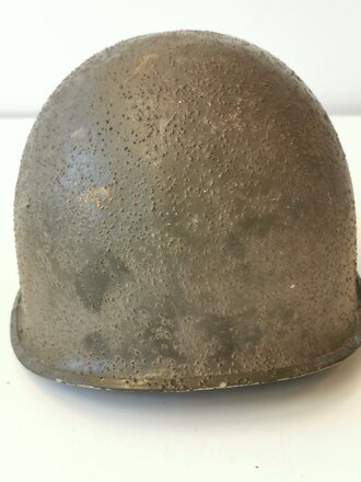 U.S. M1 steel helmet. Front seam WWII shell with later liner, uncleaned set