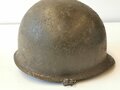 U.S. M1 steel helmet. Front seam WWII shell with later liner, uncleaned set