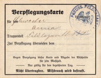 1.Weltkrieg, Verpflegungskarte für eine Schwester im Feldlazarett 132, Oktober 1917