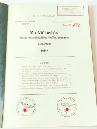 Die Luftwaffe - Militärwissenschaftlische Aufsatzsammlung. Jahrgang Heft 1, datiert 1939, 51 Seiten, ca. A4