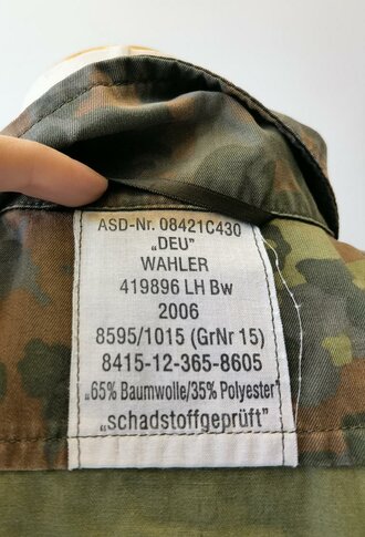 Bundeswehr, Feldbluse flecktarn, gebraucht, Bundeswehr Grösse 15 ( Konfektionsgrösse 45-46)