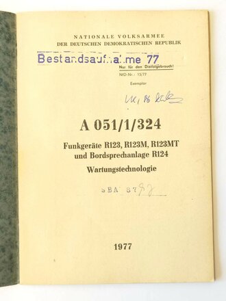 DDR, A 051/1/324 Funkgeräte R123, R123M, R123MT und Bordsprechanlage R124 Wartungstechnologie, 32 Seiten