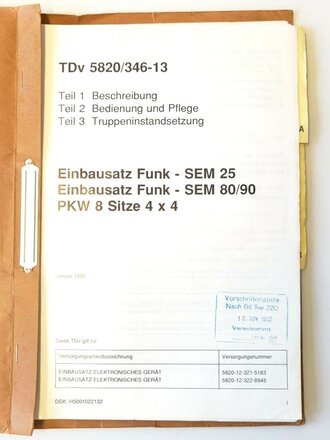 Bundeswehr "TDv 5820/346-13 Teil 13 Ein bausatz Funkt -SEM 25 + 80/90k PWK ( SItze 4x4, Januar 1992, ca 200 Seiten