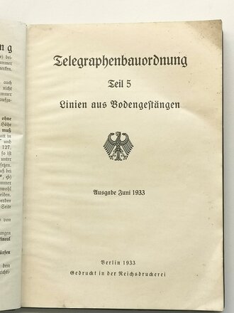 Telegraphenbauordnung Teil 5  Linien aus Bodengestängen, Ausgabe Juni 1933 mit 154 Seiten, verschmutztes Stück