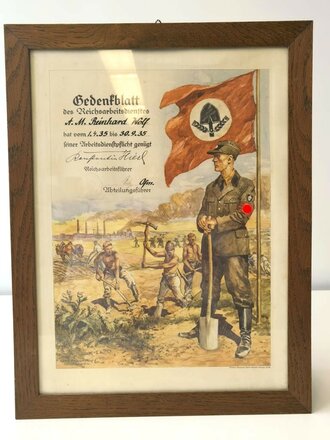 Gedenkblatt Reichsarbeitsdienst, Original gerahmt, Maße des Rahmens 37 x 49cm
