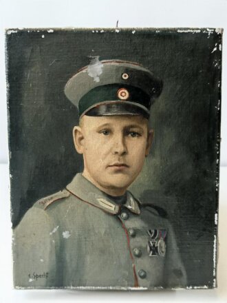 1.Weltkrieg, Olbild eines tapferen Hessen in feldgrauer Uniform. Maße 23,5 x 29,5cm