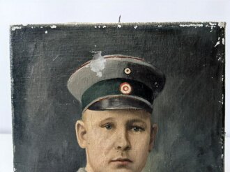 1.Weltkrieg, Olbild eines tapferen Hessen in feldgrauer Uniform. Maße 23,5 x 29,5cm